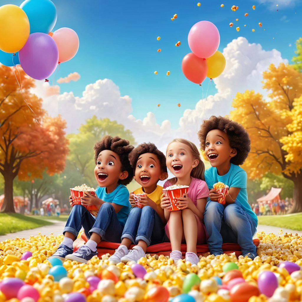 A whimsical scene featuring a diverse group of children joyfully watching a colorful, animated movie on a big screen, surrounded by cheerful snacks like popcorn and candy. Include playful elements like cartoon characters flying around, vibrant balloons, and plush toys scattered around to evoke a sense of fun and adventure. The background should reflect a sunny day at a park, enhancing the family-friendly atmosphere. pastel colors. joyful art style.