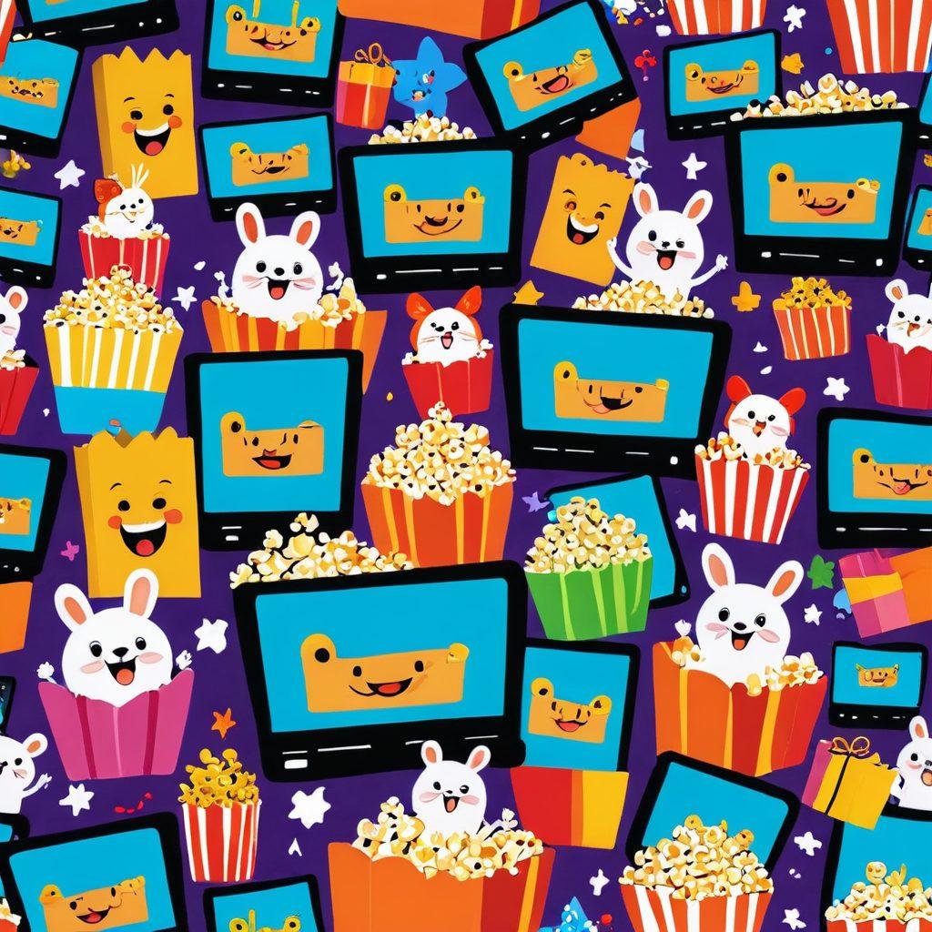 A whimsical scene featuring a diverse group of joyful characters watching animated clips on various small screens, surrounded by colorful, playful backgrounds filled with laughter and light. Include elements like popcorn, bright expressions, and animated animals to evoke a sense of happiness and fun. The overall atmosphere should radiate lightheartedness and joy. vibrant colors. cartoonish style. 3D.