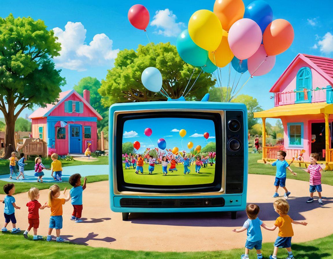 A whimsical scene featuring a colorful, oversized miniature television surrounded by cheerful children captivated by its animated screen. The background showcases a vibrant playground with cartoon characters dancing and children laughing, emphasizing fun and joy. Soft pastel colors dominate the landscape, creating a magical and inviting atmosphere. Include playful elements like oversized toys and balloons in the scene to enhance delight. digital illustration, vibrant colors, playful style.